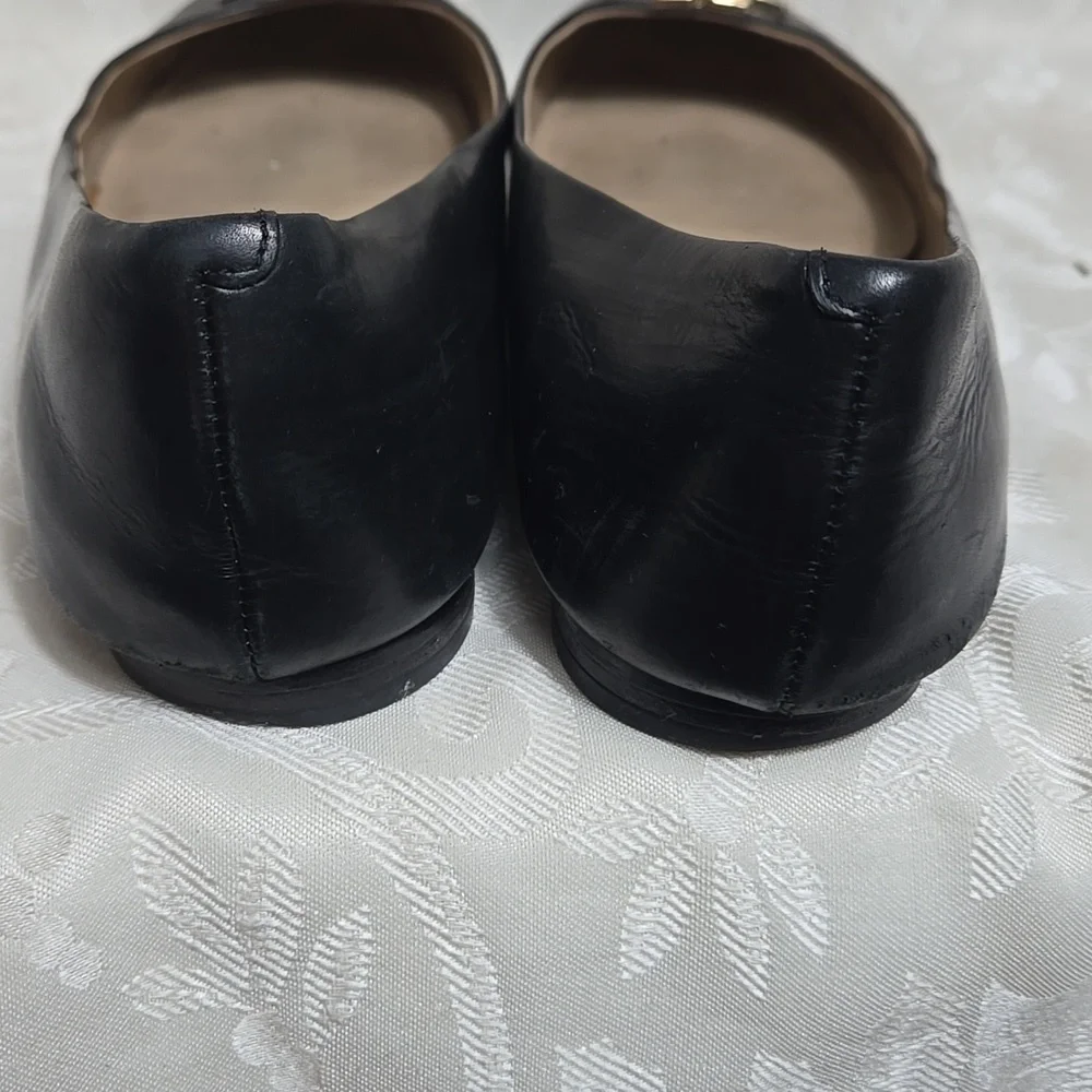 Tory Burch Black Leather Lowell Ballet Flats with Gold Emblem